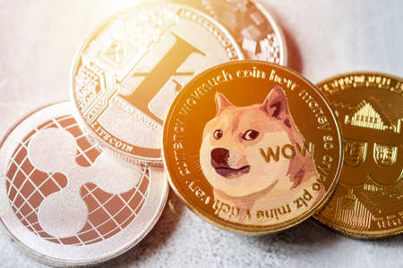 Maesot, Thailand- June 5, 2021:Close-up pile of digital currency coins on marble floor, New concept cryptocurrency virtual money is the future of digital currency online financial payments.のeditorial素材