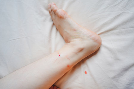 Cat bites and bleeding on the ankles can cause rabies and tetanus. Healthcare concept.の写真素材