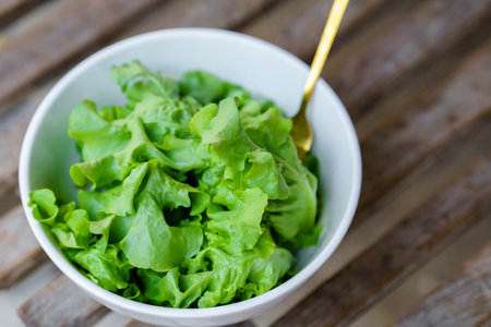 Leafy greens or lettuce in white bowls that are commonly used in salads or eaten fresh. Healthy food concept.の写真素材