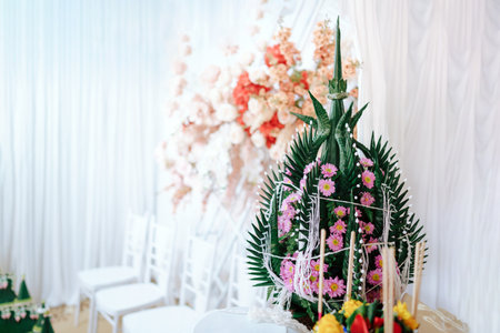 Phan baisri ceremony or traditional Thai wedding decorations made of beautiful dark green banana leaves.の写真素材