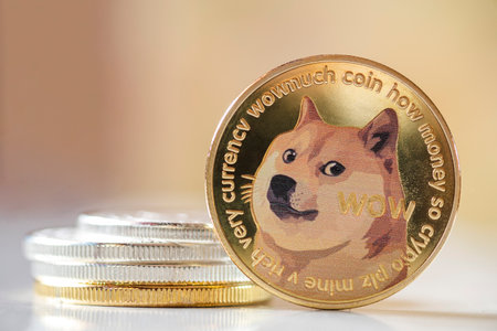 Dogecoin standing in front on bright blurred background, New concept cryptocurrency virtual money is the future of digital currency online financial payments, free copy text space.の写真素材