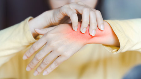 Close-up of a person holding their wrist in pain, highlighting the discomfort and inflammation. Concept of arthritis or wrist injury.の写真素材