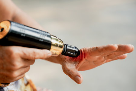 Close-up of a person receiving a tattoo, showcasing the tattoo machine and intricate details of the design process.の写真素材