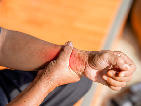 person checks their pulse on their wrist, focusing on health and wellness. warm sunlight enhances scene, creating calm and introspective atmosphere.の写真素材