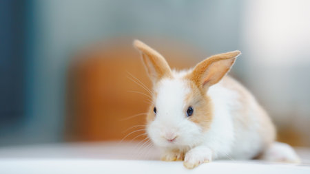 Rabbit innocent curious concept. Cute rabbit with soft fur, resting calmly on a surface.の写真素材