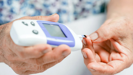 A blood glucose meter diabetes test elderly hand medical device healthcare monitoring close up...