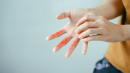 Hand with red inflamed skin on fingers person touching affected area concept of skin irritation allergy eczema or dermatitis close up health care pain discomfort.の写真素材
