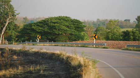 Curved rural highway with metal guardrail and chevron warning signs surrounded by green trees, illustrating road safety, transportation infrastructure, countryside travel, and outdoor driving conditions.