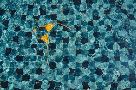 Yellow bikini top floating in the blue swimming pool.の写真素材