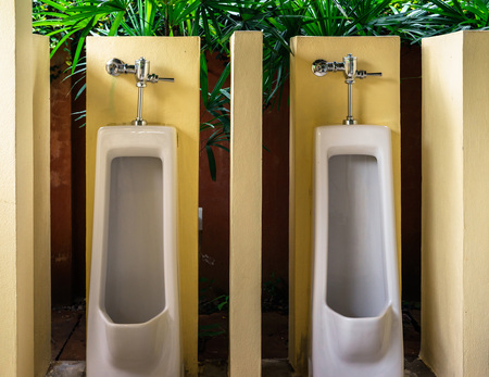 White urinals against yellow wall and green leaves in toilet.