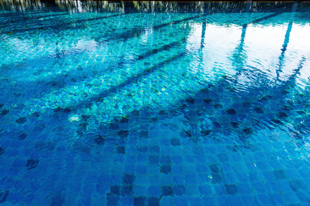 Reflection and shadow of trees on swimming pool with blue mosaic tiles.