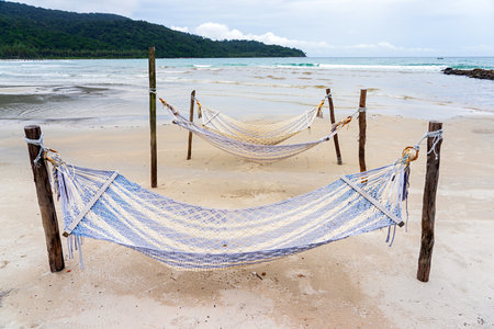 Empty beach hammocks on the sand beach with sea waves and horizon in the backgroundの写真素材