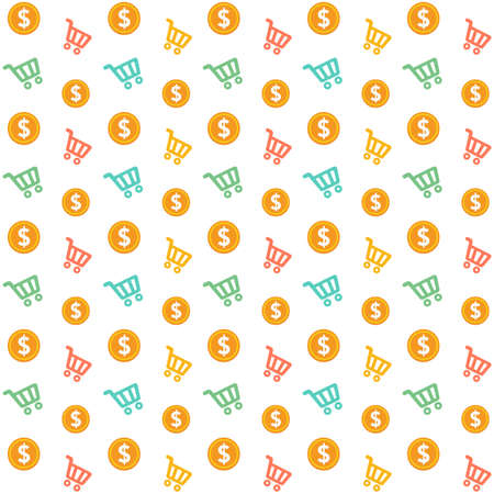 Vector Seamless Shopping Cart With Gold Coins Style Patternのイラスト素材