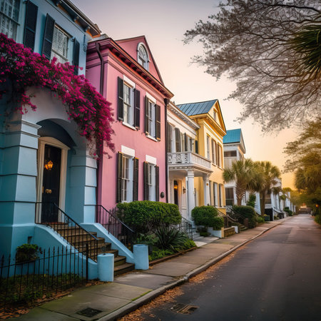 Colorful facades of houses in Charleston South Carolinaの素材
