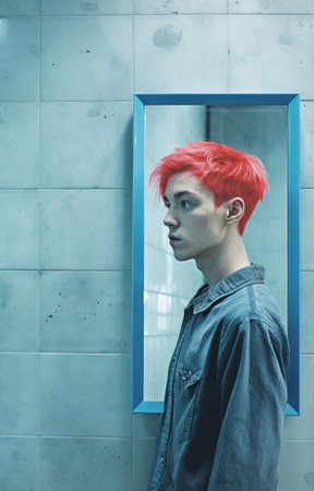 Portrait of a young man with dyed red hair in a blue bathroom.の素材