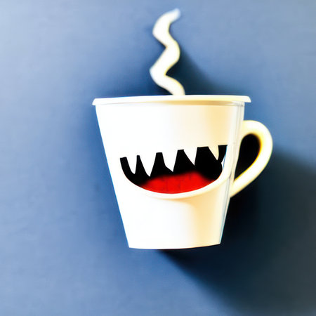 Paper coffee cup with sharp teeth funny face on blue background. Minimal style.の素材
