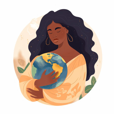 African american woman holding earth globe in her hands. Earth day vector illustration.の素材