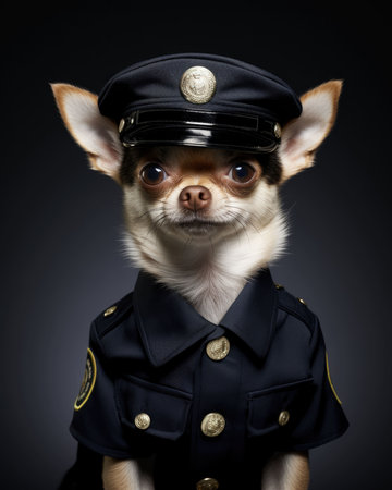 Chihuahua dog dressed as a police officer on a black backgroundの素材