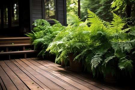 Beautiful green ferns growing on a wooden terrace.の素材