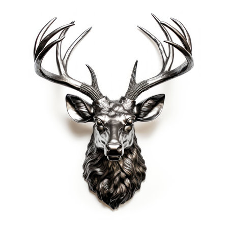 Head of metallic deer with antlers isolated on white background. 3d illustrationの素材