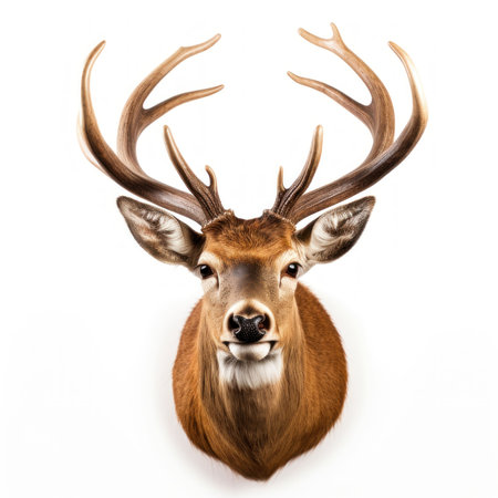 Portrait of a deer with antlers isolated on white background.の素材