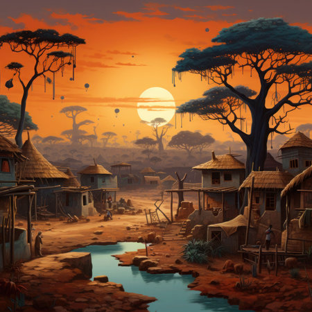African savannah with traditional houses and trees at sunset - illustration for childrenの素材