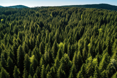 Aerial view of green coniferous forest in sunny summer dayの素材