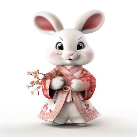 3D rendering of a cute Easter bunny wearing a kimonoの素材