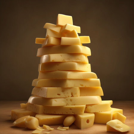 Cheese pyramid on a wooden table, on a brown background.の素材