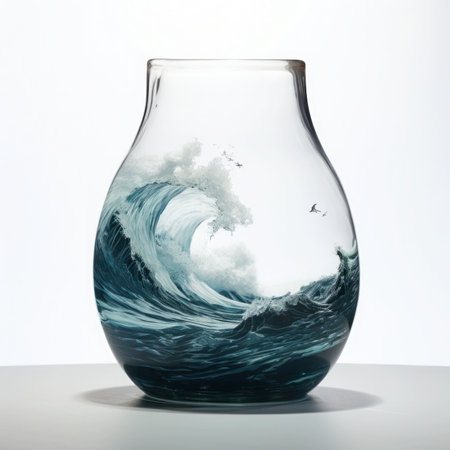 Surf wave in a round glass vase on a white backgroundの素材