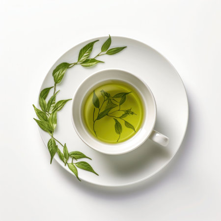Green tea in a white cup with green leaves on a white backgroundの素材