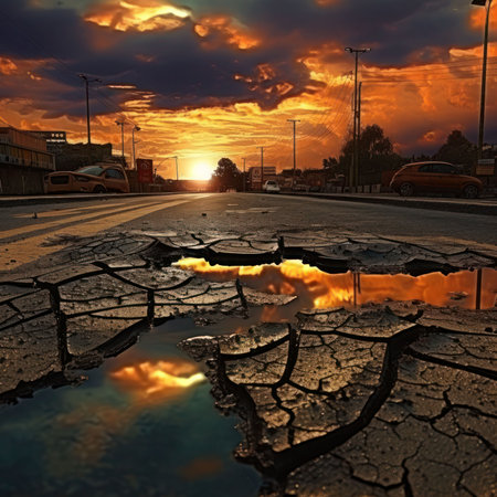 Dry asphalt road with cracks in the middle of the road at sunsetの素材