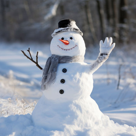 Snowman in winter forest. Christmas and New Year concept. Copy space.の素材