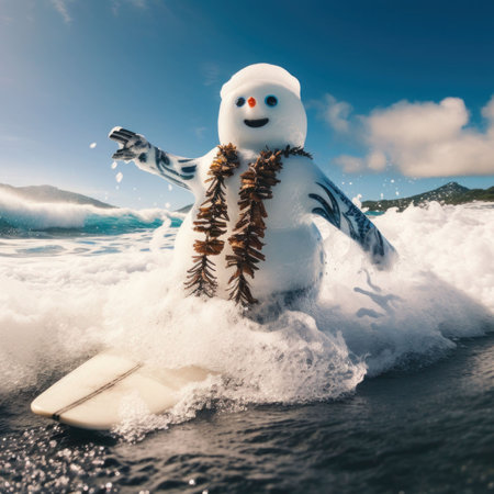 Snowman on the surfboard in the ocean. 3d renderingの素材