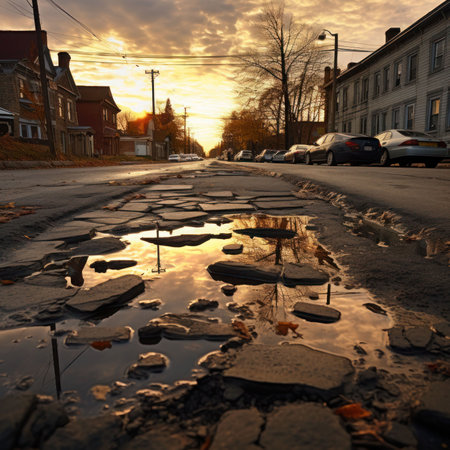 Reflection of the sun in a puddle on the street at sunsetの素材