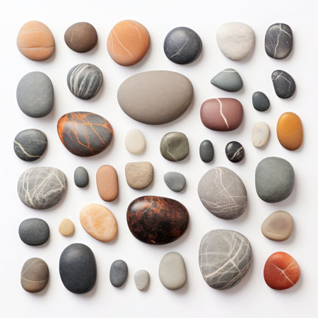 Pebbles on white background. Flat lay, top view.の素材