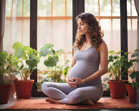 Pregnant woman sitting on the floor in lotus position.の素材