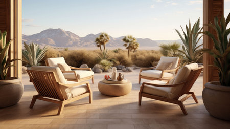 Spacious Veranda Views: Elegant Lounge Chairs, Potted Plants, and a Serene Overlook Nevada desert Mock Upの素材
