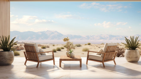 Spacious Veranda Views: Elegant Lounge Chairs, Potted Plants, and a Serene Overlook Nevada desert Mock Upの素材