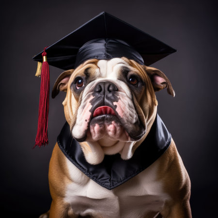 Portrait of an English Bulldog wearing a graduation cap on a black backgroundの素材