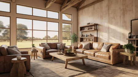Interior of modern living room with wooden walls, wooden floor, brown sofa and coffee table. 3d renderの素材