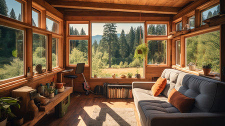 Interior of a wooden house with a view of the mountains and the forestの素材