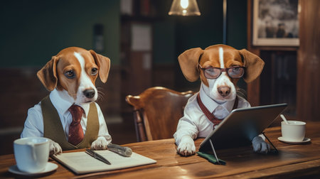two dogs in glasses and a tie sit at a table with a laptop and a cup of coffeeの素材