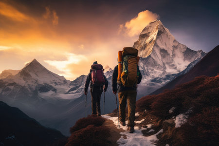 Hikers in Himalayas, Manaslu region, Nepalの素材