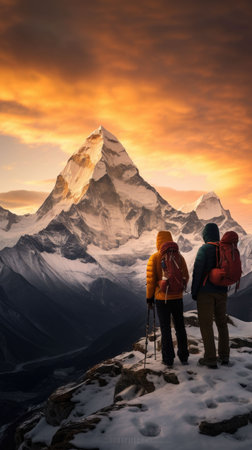 Hikers in Himalaya mountains at sunset, Annapurna Conservation Area, Nepalの素材