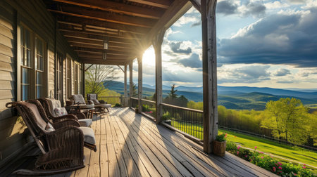 Wooden terrace with chairs on the balcony of a country houseの素材