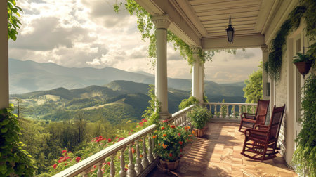 Beautiful balcony with a view of the mountains and the valley.の素材