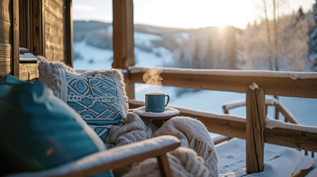 Cup of coffee and pillow on the terrace in the mountainsの素材