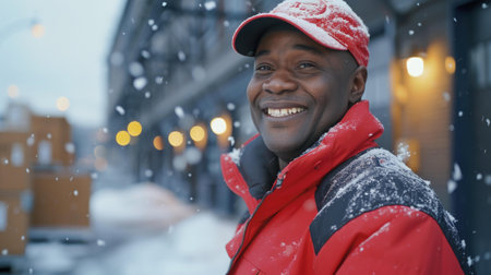 Smiling african american man in red jacket and cap standing on snowy streetの素材