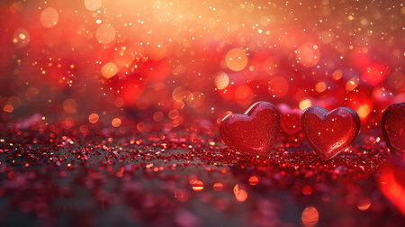 Valentines day background with red hearts on bokeh backgroundの素材